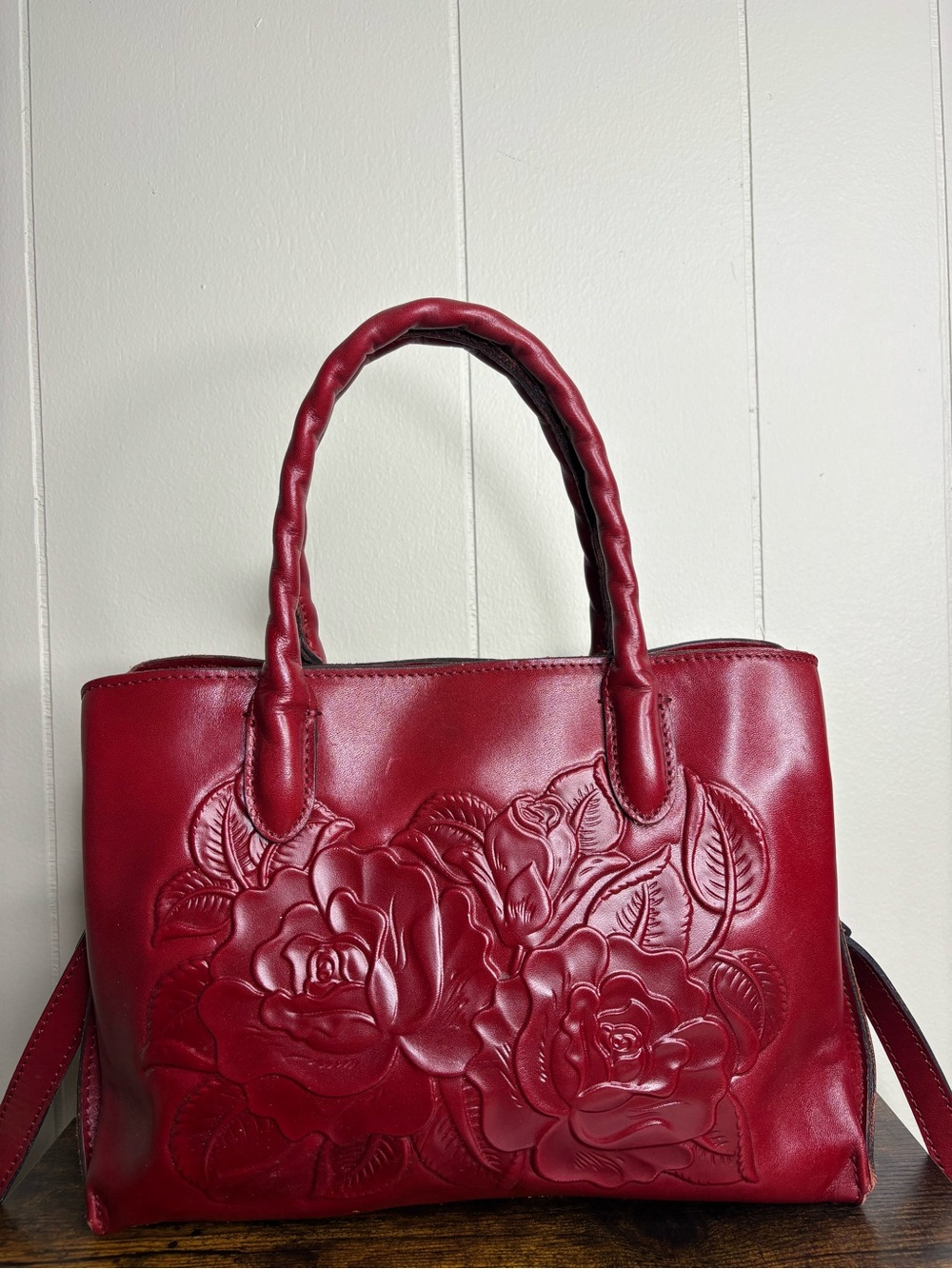 PATRICIA NASH Genovese Vintage Satchel Rose Tooled Red Shoulder Bag